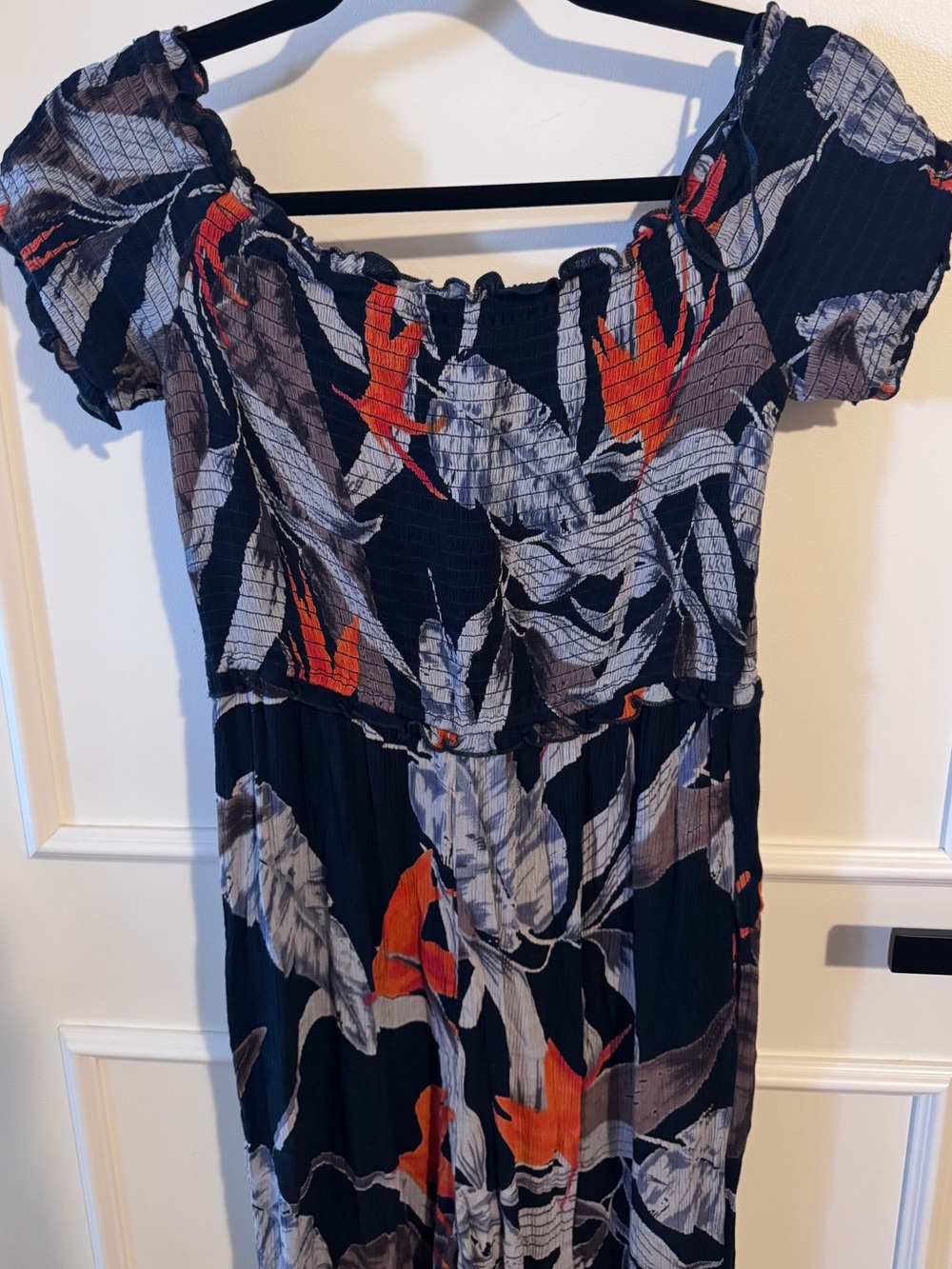 Patrons of Peace Navy Floral Off-Shoulder bodysuit with Orange Accents